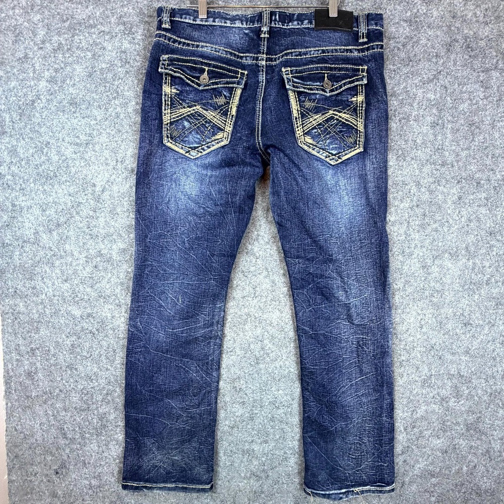 True Luck Jeans Mens 34 Blue Dark Y2K Relaxed Straight Embroidered Flap Pockets